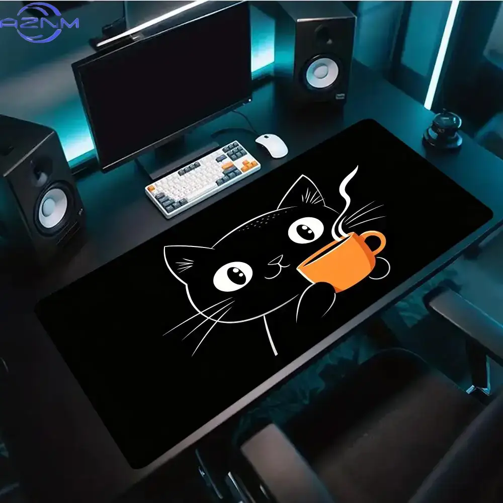 Desk Setup Pc And Laptop - แผ่นรองเมาส์เกมมิ่งขนาดใหญ่ ลายแมวน่ารัก ลายเส้น พร้อมแก้วกาแฟ แผ่นรองโต๊ะยางกันลื่น สำหรับคอมพิวเตอร์