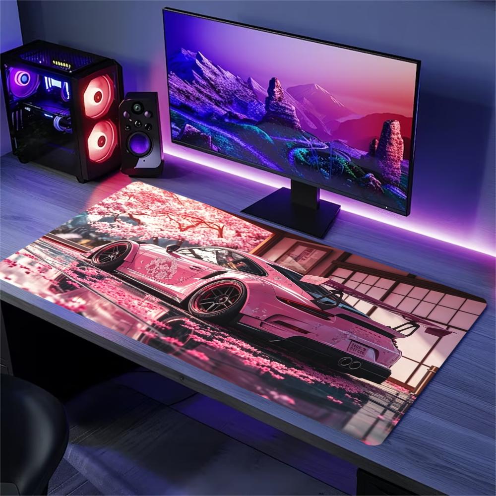 Desk Setup Pc And Laptop - แผ่นรองโต๊ะทำงานขนาดใหญ่ลายซากุระสปอร์ตคาร์ พร้อมขอบเย็บกันลื่น สำหรับวางเมาส์ ใช้ได้กับแล็ปท็อป พีซี โต๊ะทำงานในออฟฟิศ