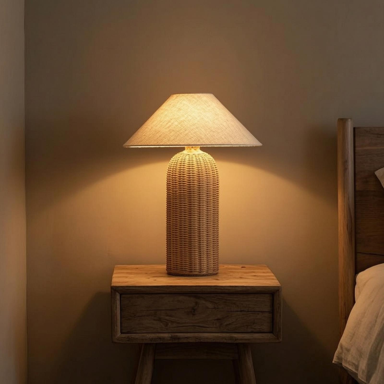 โคมไฟข้างเตียง ฐานหวาย โคมผ้า  - Desk Setup Lamp บทวิจารณ์และราคา