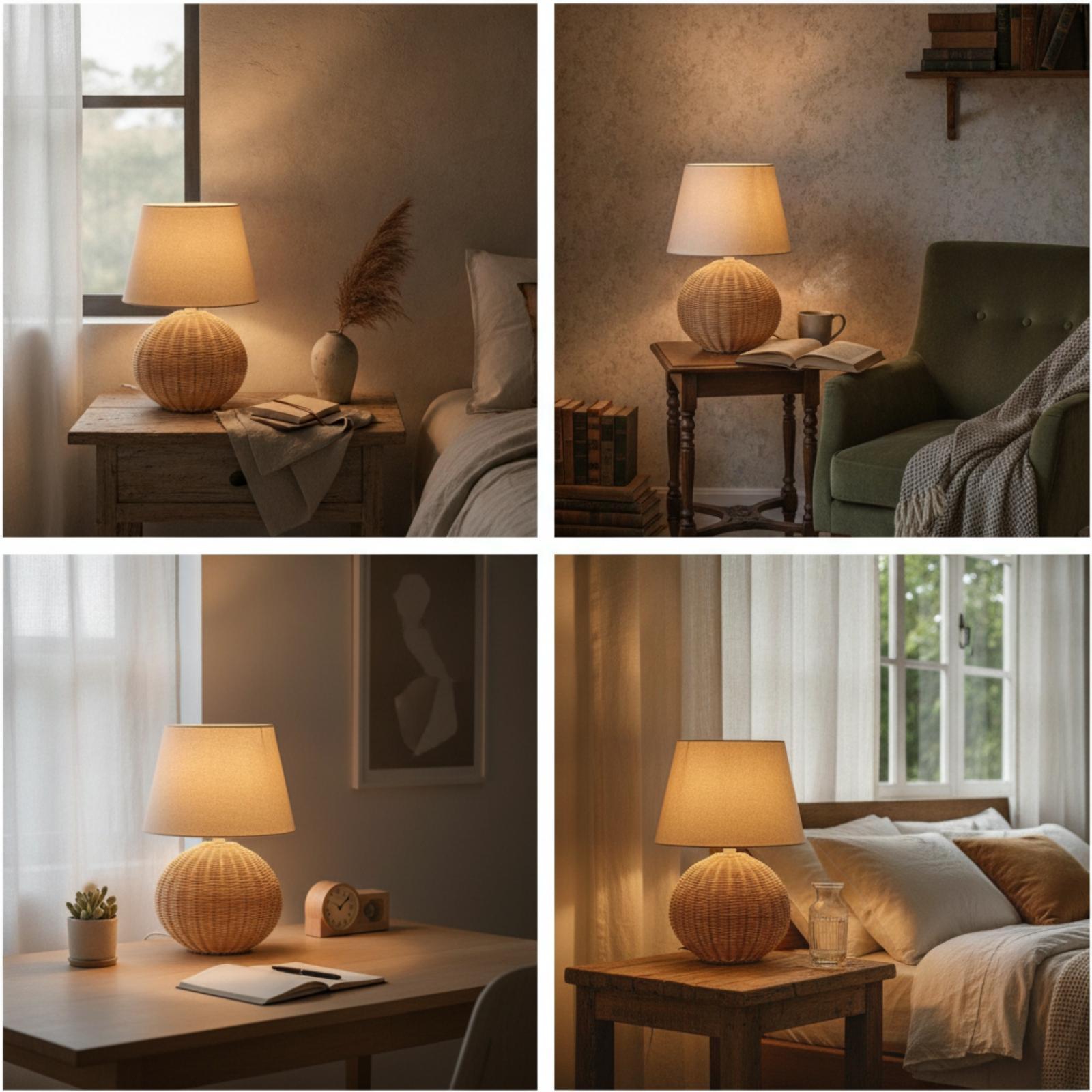 โคมไฟข้างเตียง ฐานหวาย โคมผ้า  - Desk Setup Lamp บทวิจารณ์และราคา